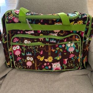 22” Owl Print Duffel Bag with Green Accents. Unused